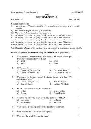 Nagaland Board Class 12 POLITICAL SCIENCE 2020 Question Papers
