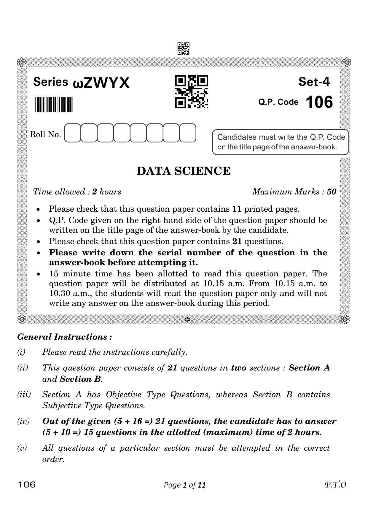 CBSE Class 10 106_Data Science 2023 Question Paper - Page 1