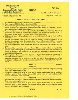 CA Inter May 2019 Question Paper - Paper 7 – Enterprise Information Systems & Strategic Management