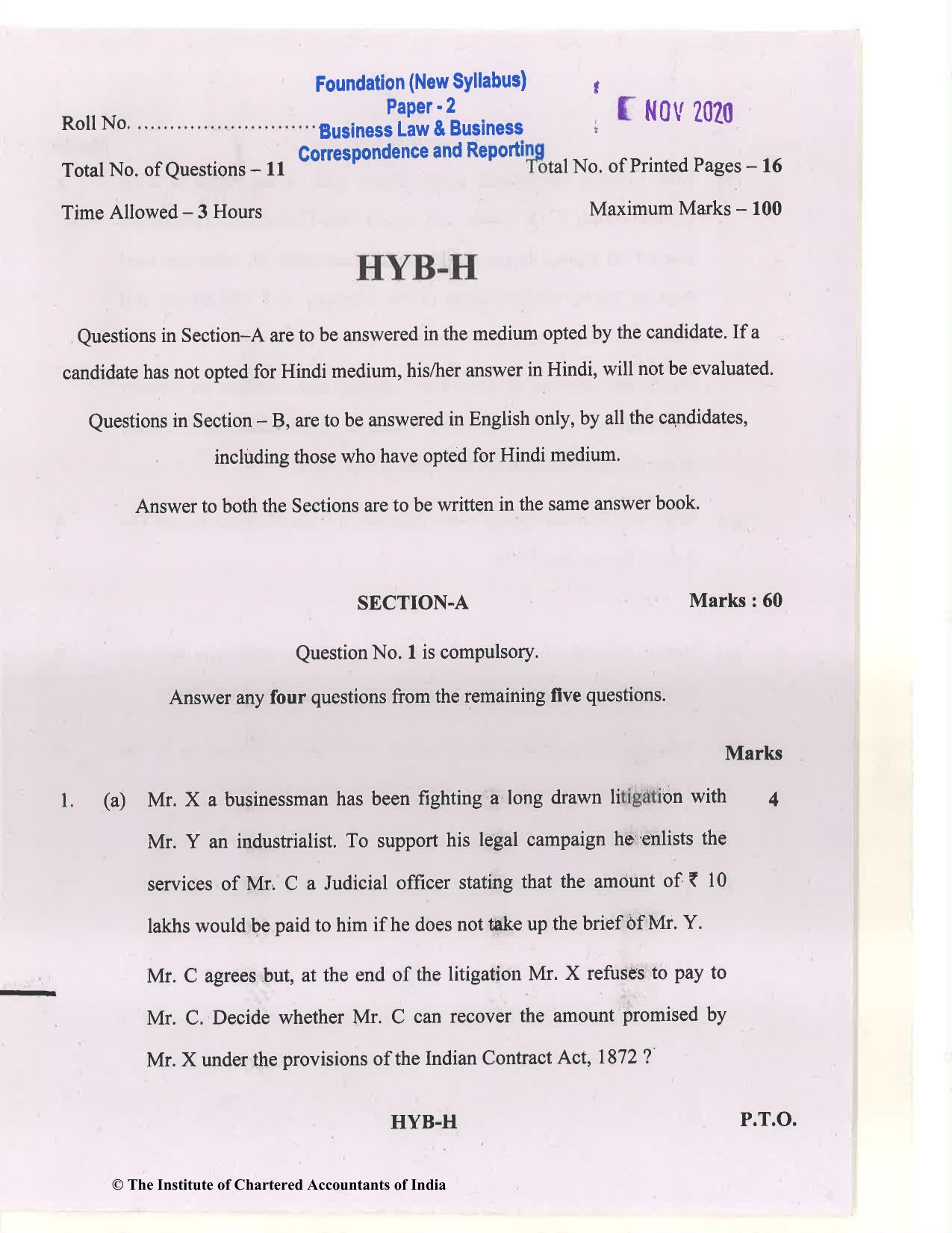 CA Foundation May 2020 Question Paper - Paper 2 (Business Laws and Business Correspondence and Reporting) - Page 1