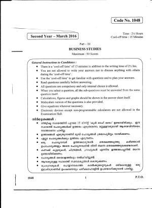 Kerala Plus Two 2016 Business Studies Question Paper