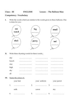 Worksheet for Class 3 English The Balloon Man Assignment