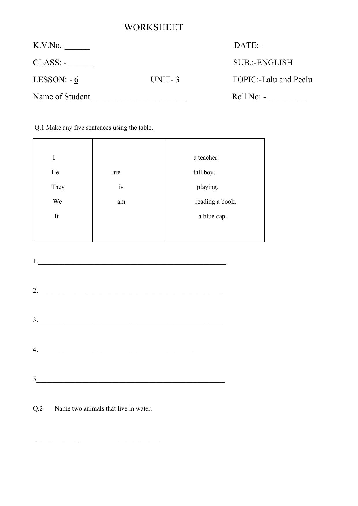 Worksheet for Class 1 English Assignment 32 Lalu and Peelu - Page 2