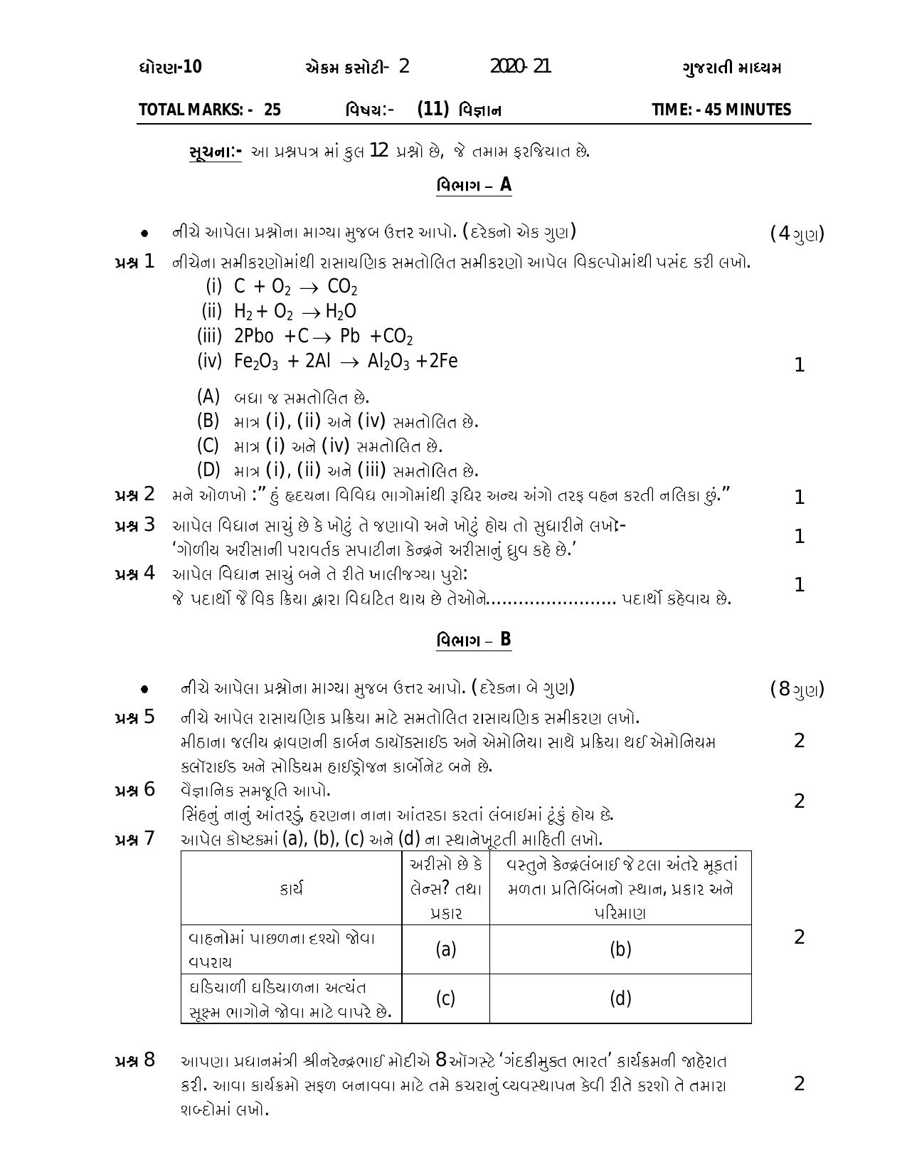 Gujarat Board Class 10th  દ્રિતિય એકમ કસોટીના પ્રશ્નપત્રો-૨૦૨૦ (વિજ્ઞાન) 2020 Question Paper - Page 1