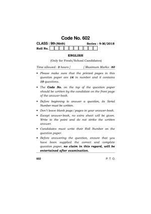 Haryana Board HBSE Class 9 English (All Set) 2018 Question Paper