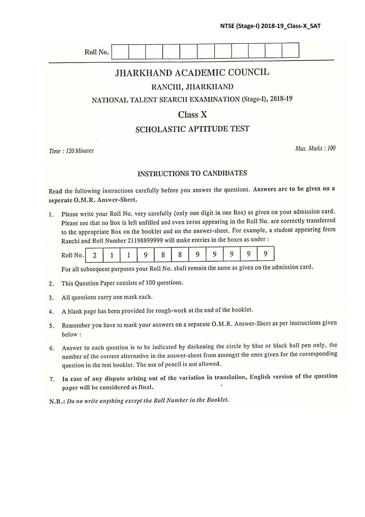 Jharkhand (JAC) NTSE 2018-19 SAT Answer Key - Page 2