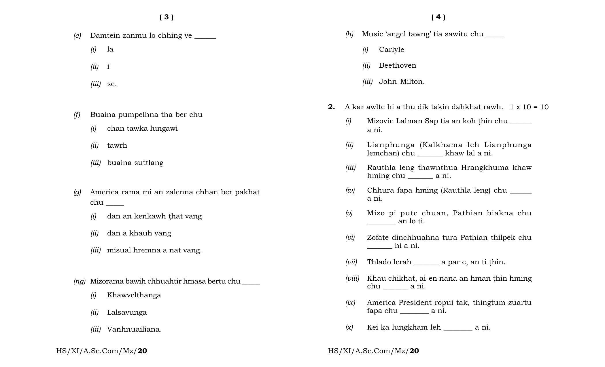 Meghalaya Board (MBOSE) Class 11 Mizo MIL 2020 Question Paper - Page 2