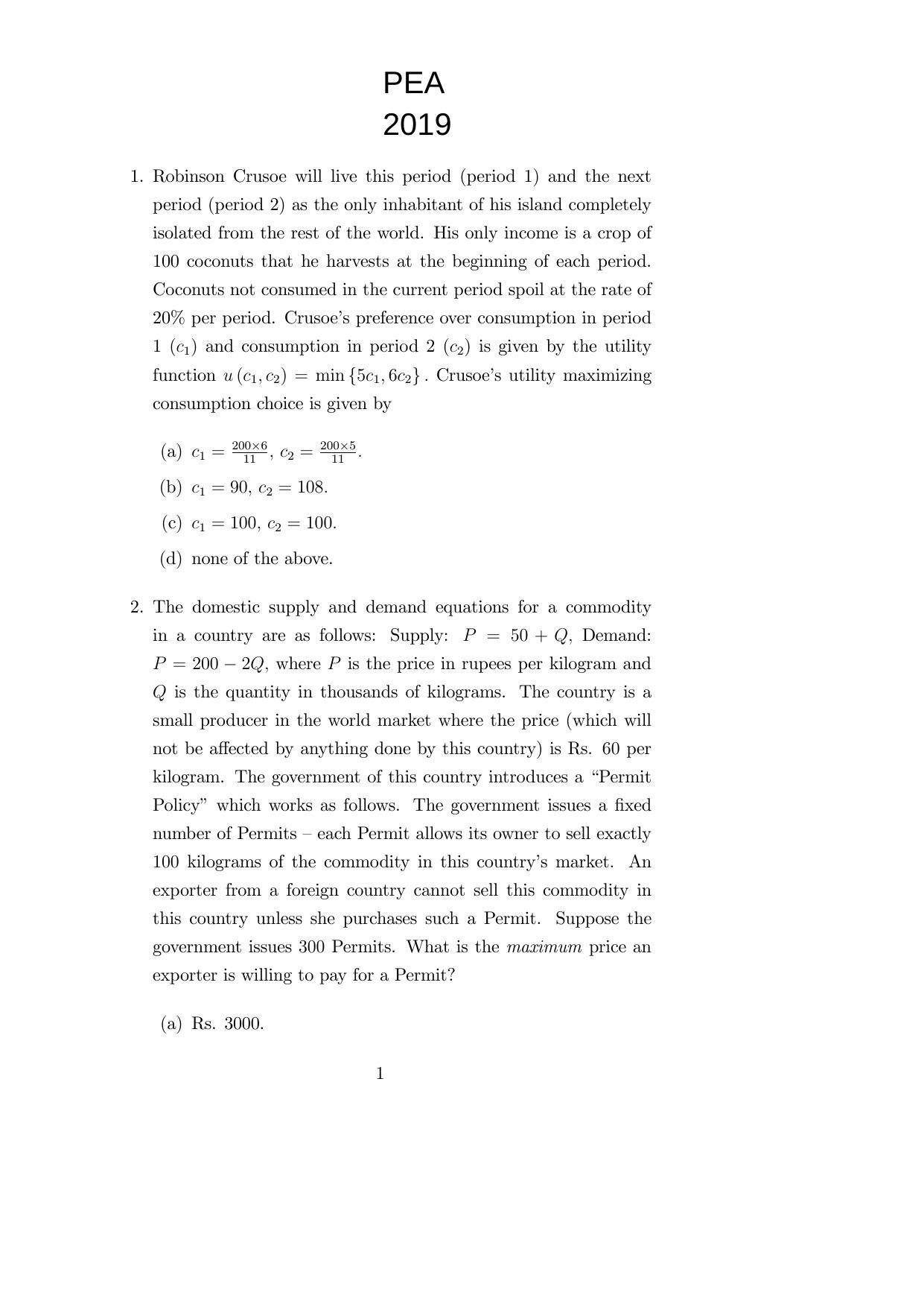 ISI Admission Test M.S.(QE) PEA 2019 Sample Paper - Page 1
