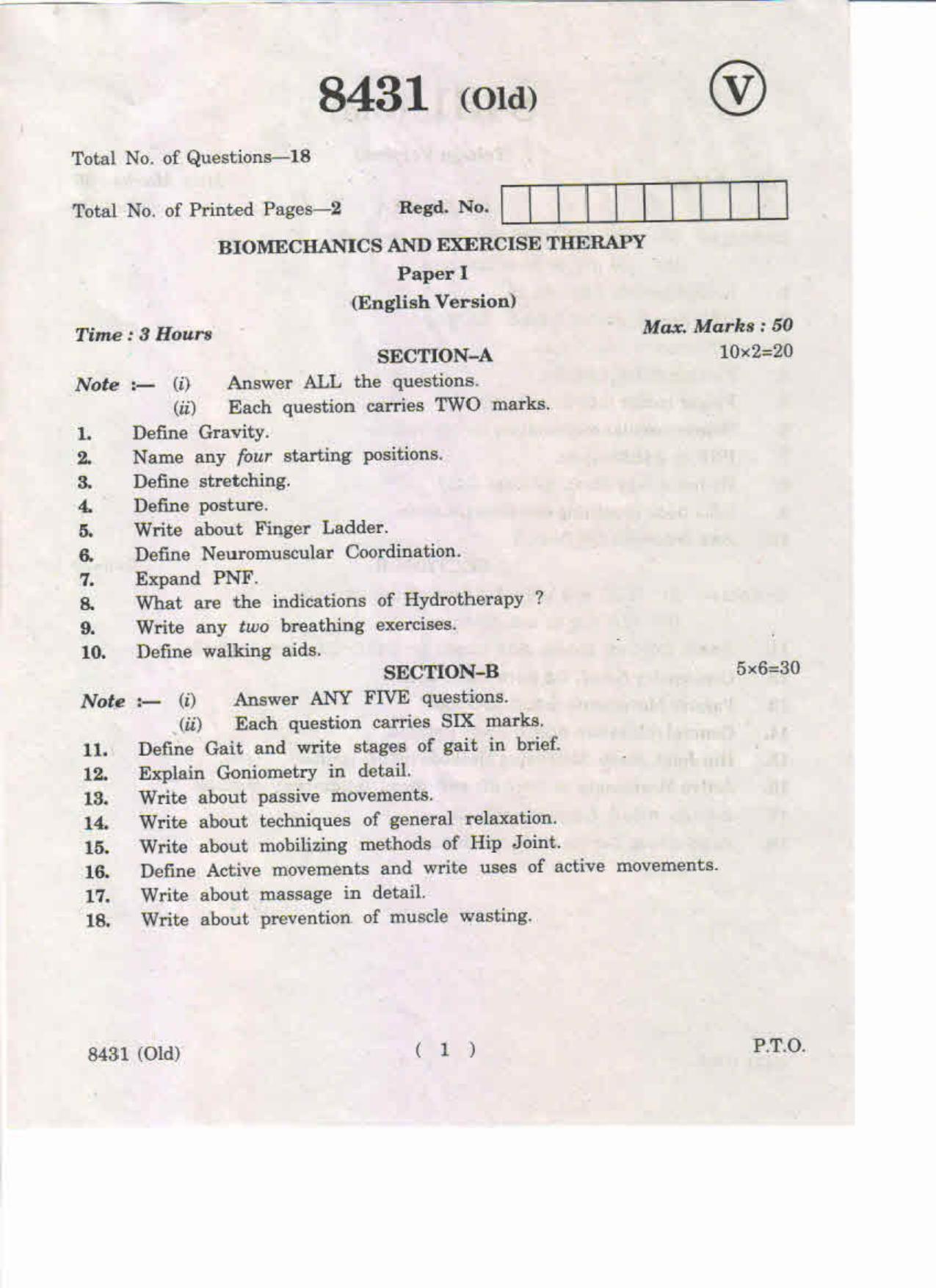 AP Inter 1st Year Biomechanics and Exercise Therapy-I (Old) May-2019-Vocational Question Paper - Page 1