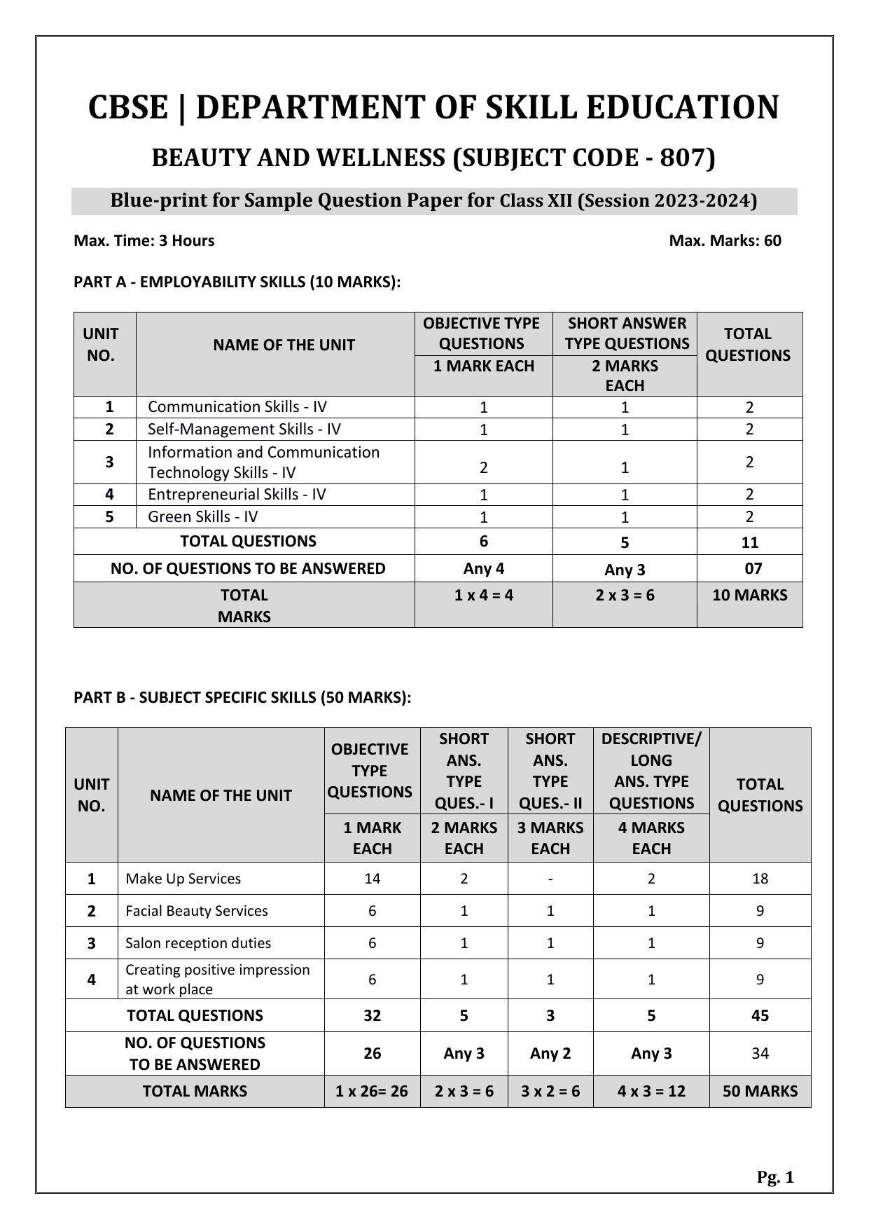 CBSE Class 12 (Skill Education) Beauty And Wellness 2024 Sample Paper - Page 1