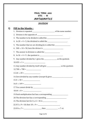 Worksheet for Class 3 Mathematics Division Assignment V