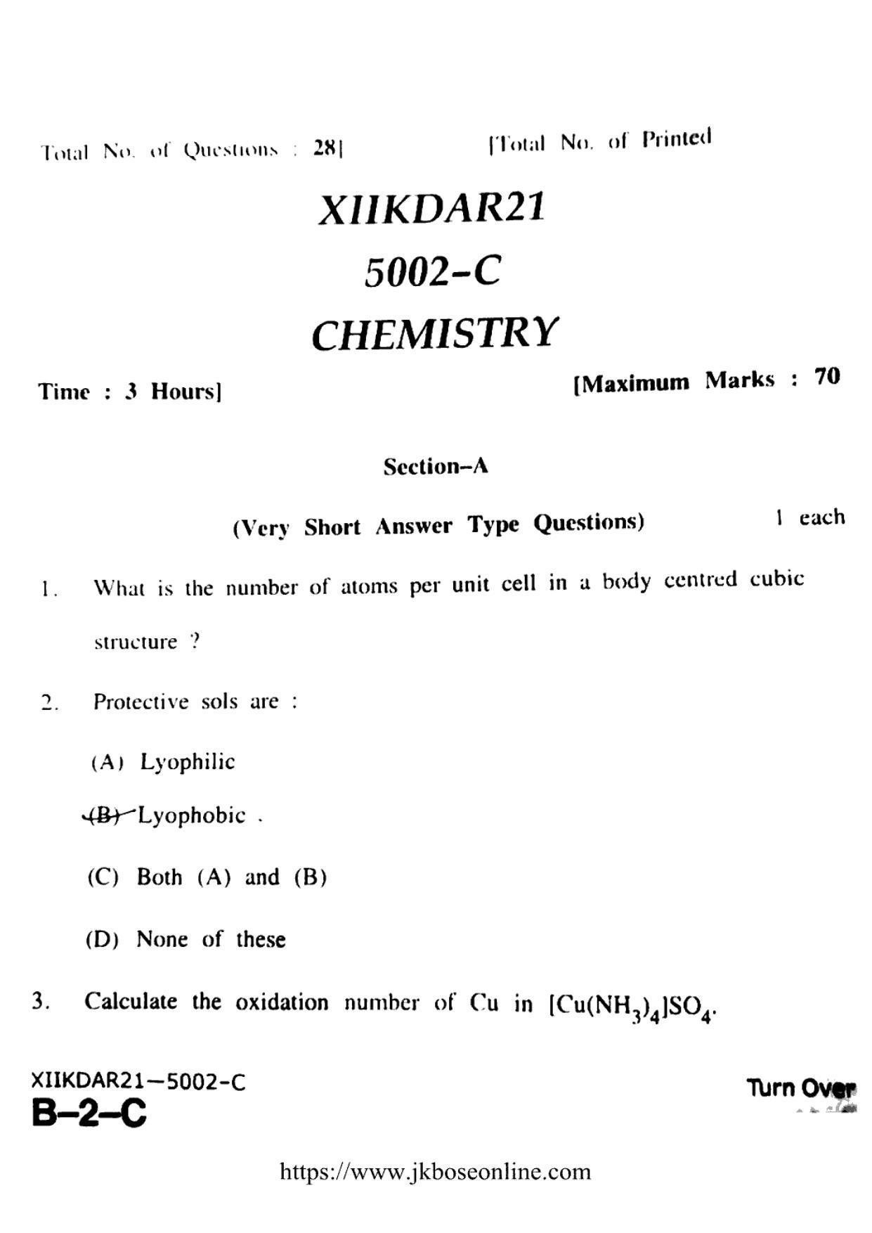 JKBOSE Class 12 Chemistry 5002-C Question Papers 2021 - IndCareer Docs