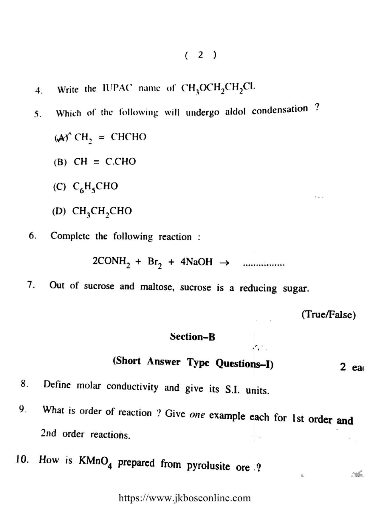 JKBOSE Class 12 Chemistry 5002-C Question Papers 2021 - Page 2