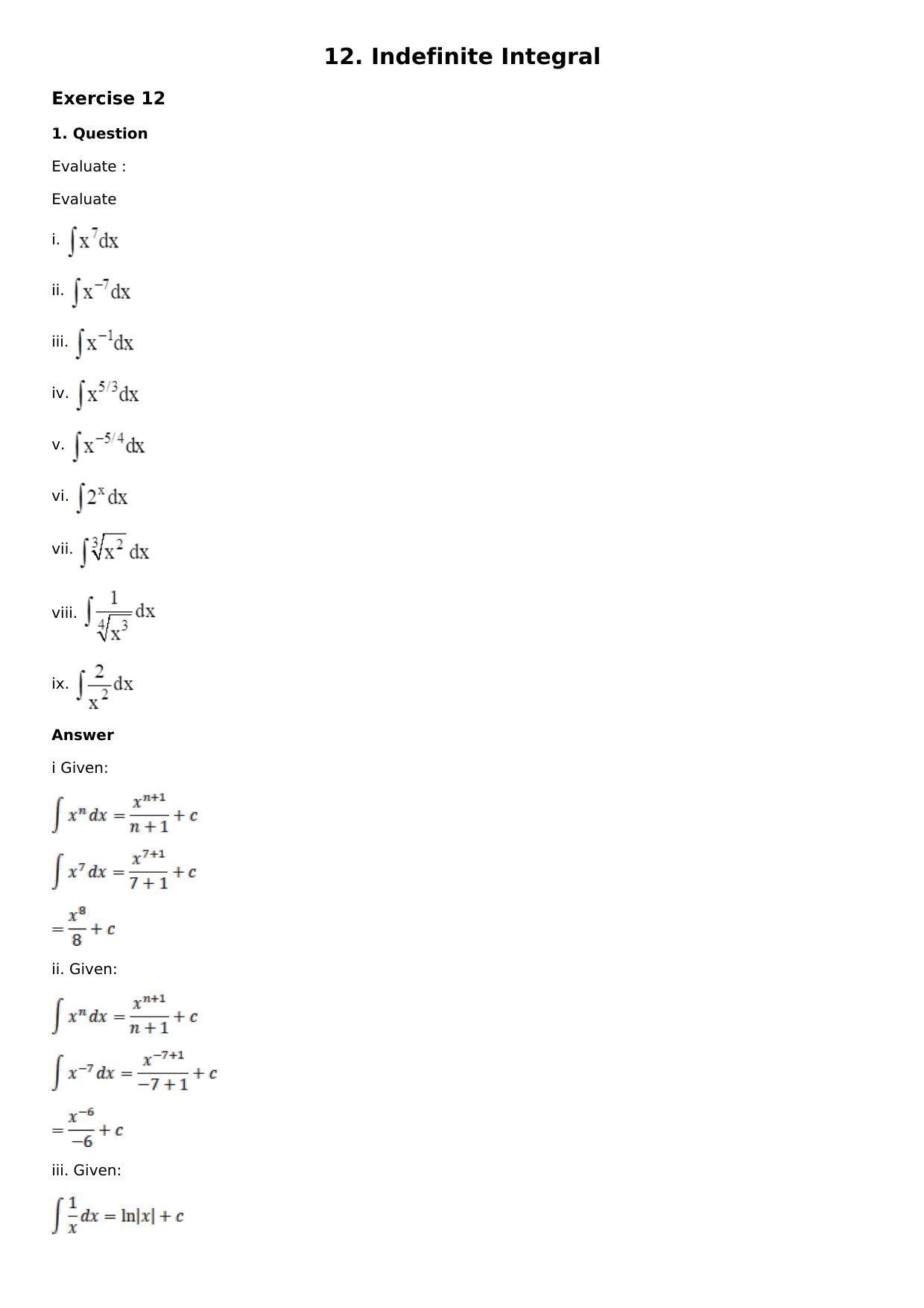 Chapter 12: Indefinite Integral Solutions: RS Aggarwal Class 12 Solutions  - Page 1