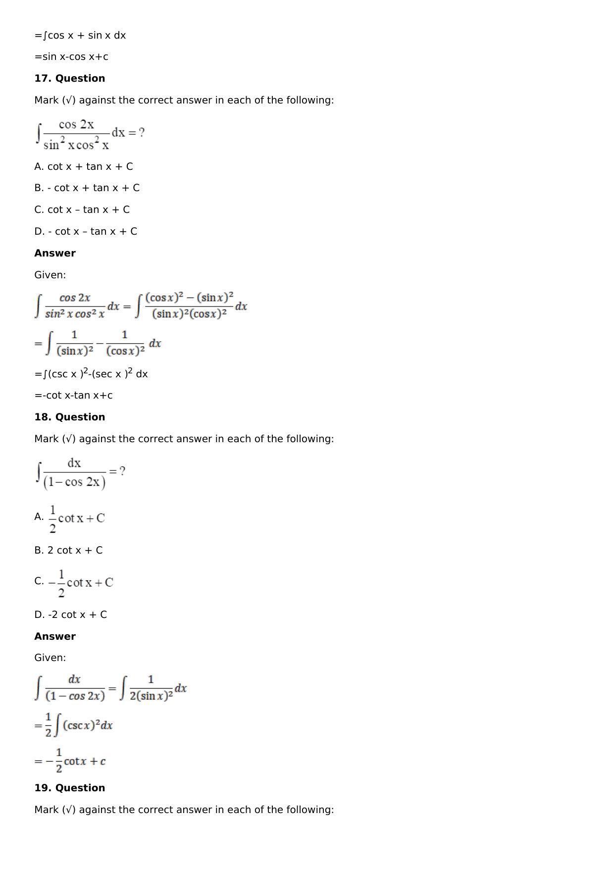 Chapter 12: Indefinite Integral Solutions: RS Aggarwal Class 12 Solutions  - Page 27