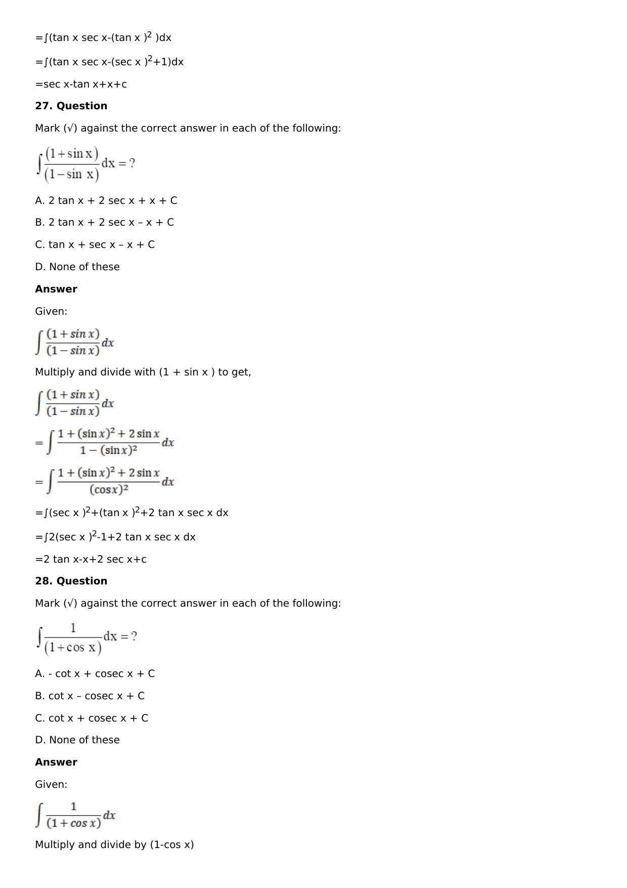 Chapter 12: Indefinite Integral Solutions: RS Aggarwal Class 12 Solutions  - Page 31