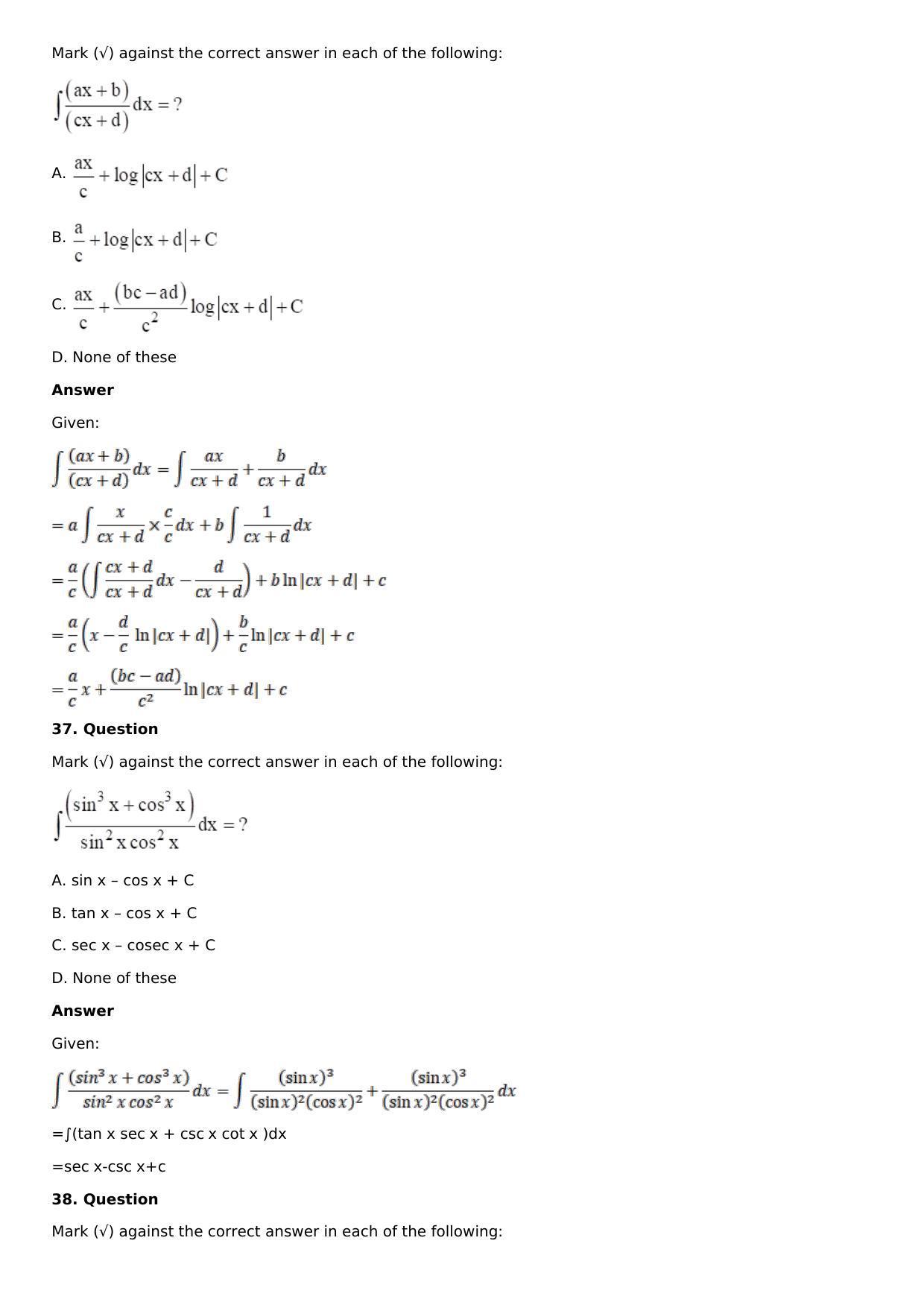 Chapter 12: Indefinite Integral Solutions: RS Aggarwal Class 12 Solutions  - Page 36