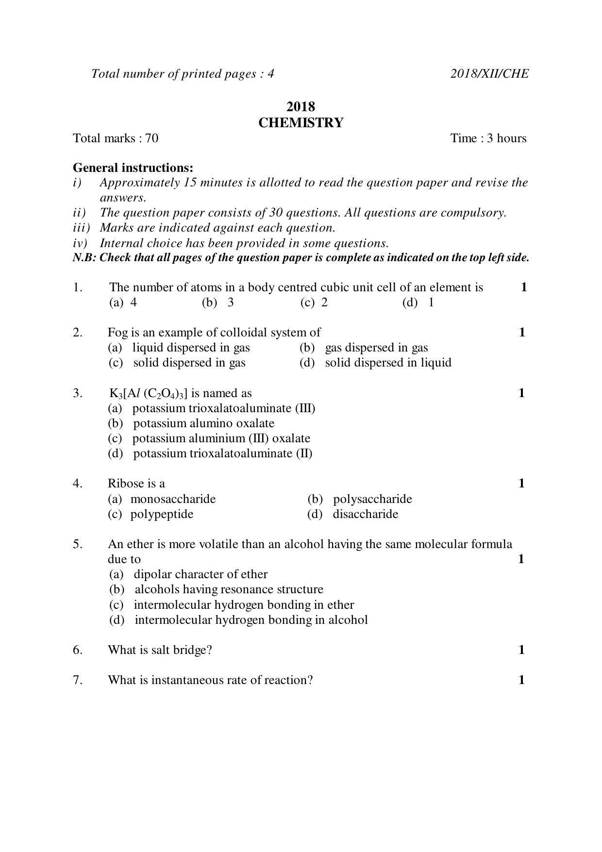 Nagaland Board Class 12 CHEMISTRY 2018 Question Papers - Page 1