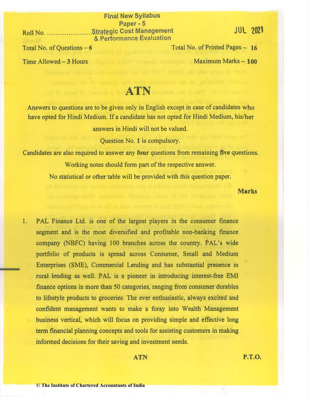 CA Final Jul 2021 Question Paper - Paper 5 – Strategic Cost Management and Performance Evaluation - Page 1