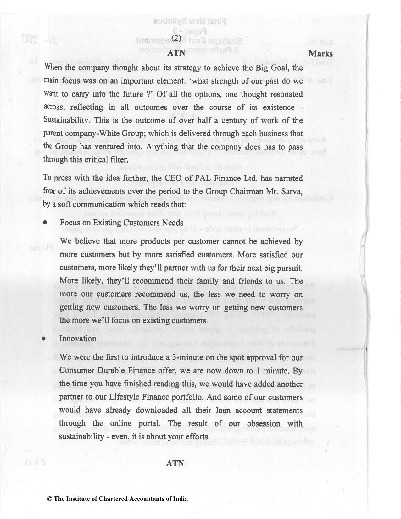 CA Final Jul 2021 Question Paper - Paper 5 – Strategic Cost Management and Performance Evaluation - Page 2