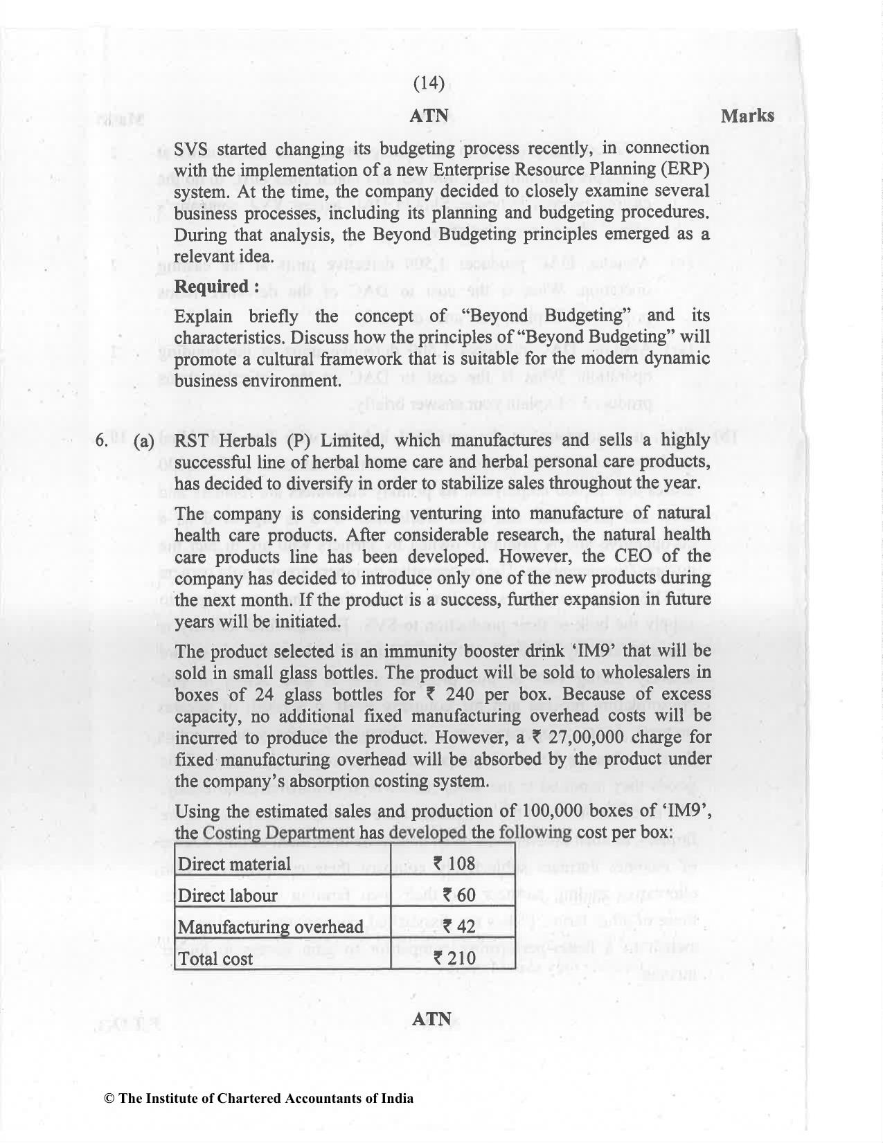 CA Final Jul 2021 Question Paper - Paper 5 – Strategic Cost Management and Performance Evaluation - Page 14