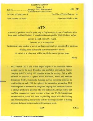 CA Final Jul 2021 Question Paper - Paper 5 – Strategic Cost Management and Performance Evaluation