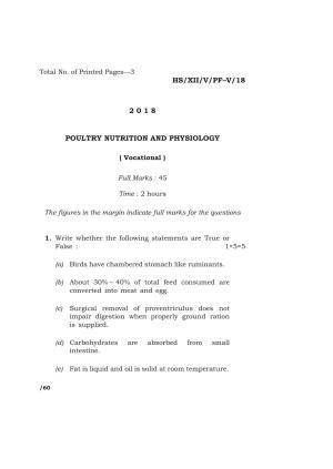 Meghalaya Board (MBOSE) Class 12 POULTRY NUTRITION AND PHYSIOLOGY 2018 Question Paper