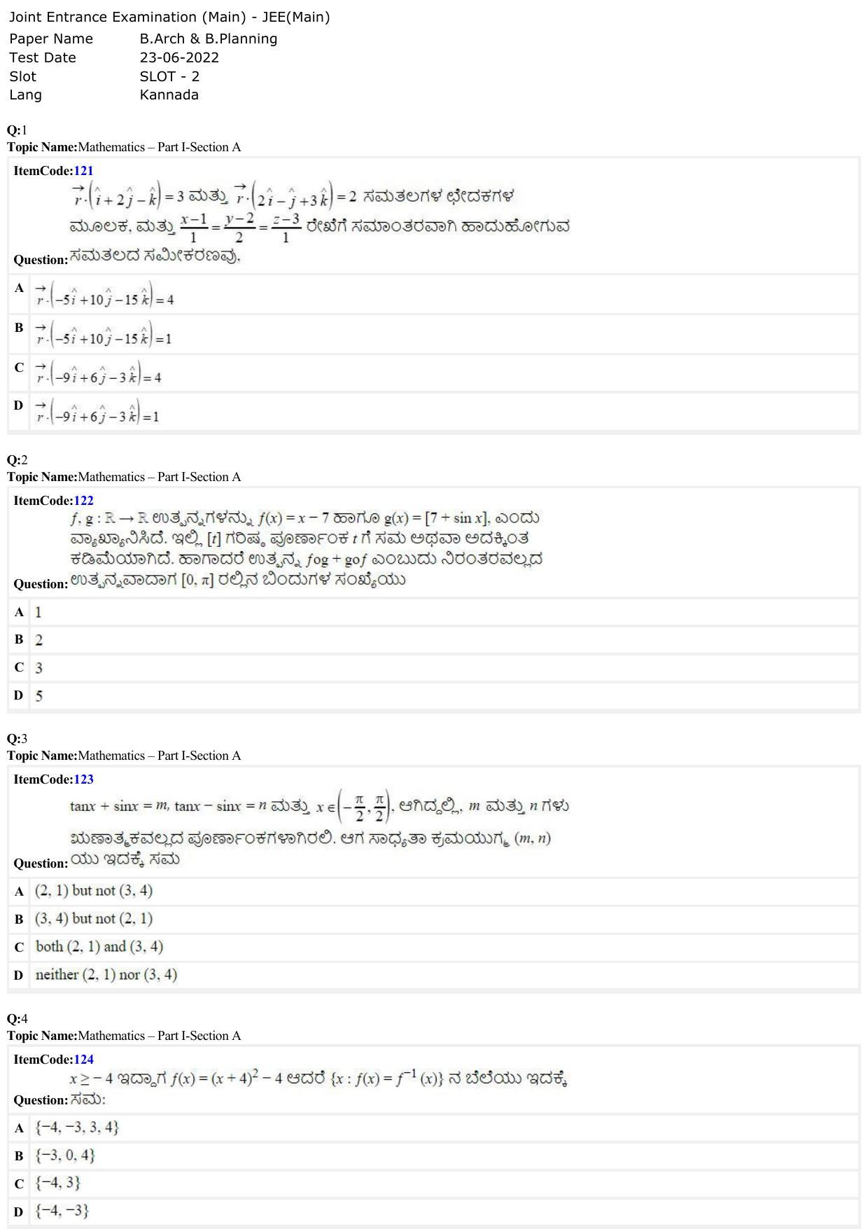 JEE Mains 2022: B Arch & B Planning Kannada (Shift A2) 23-06-2022 Question Paper - Page 1