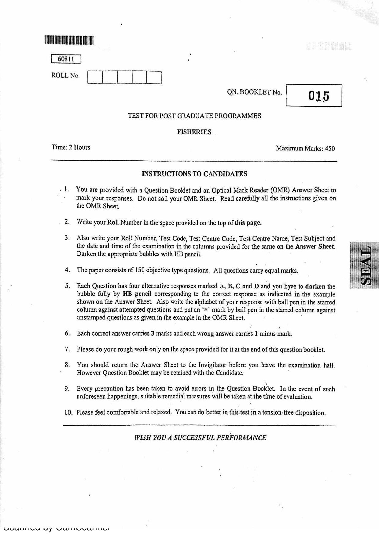 CUSAT CAT 2011 Fisheries Question Paper - Page 1