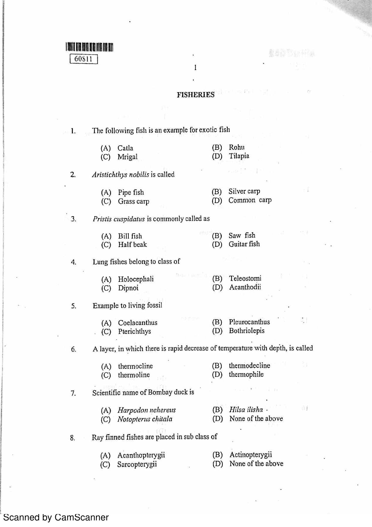CUSAT CAT 2011 Fisheries Question Paper - Page 2
