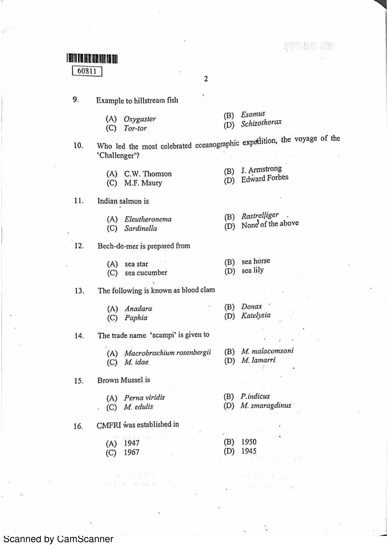 CUSAT CAT 2011 Fisheries Question Paper - Page 3