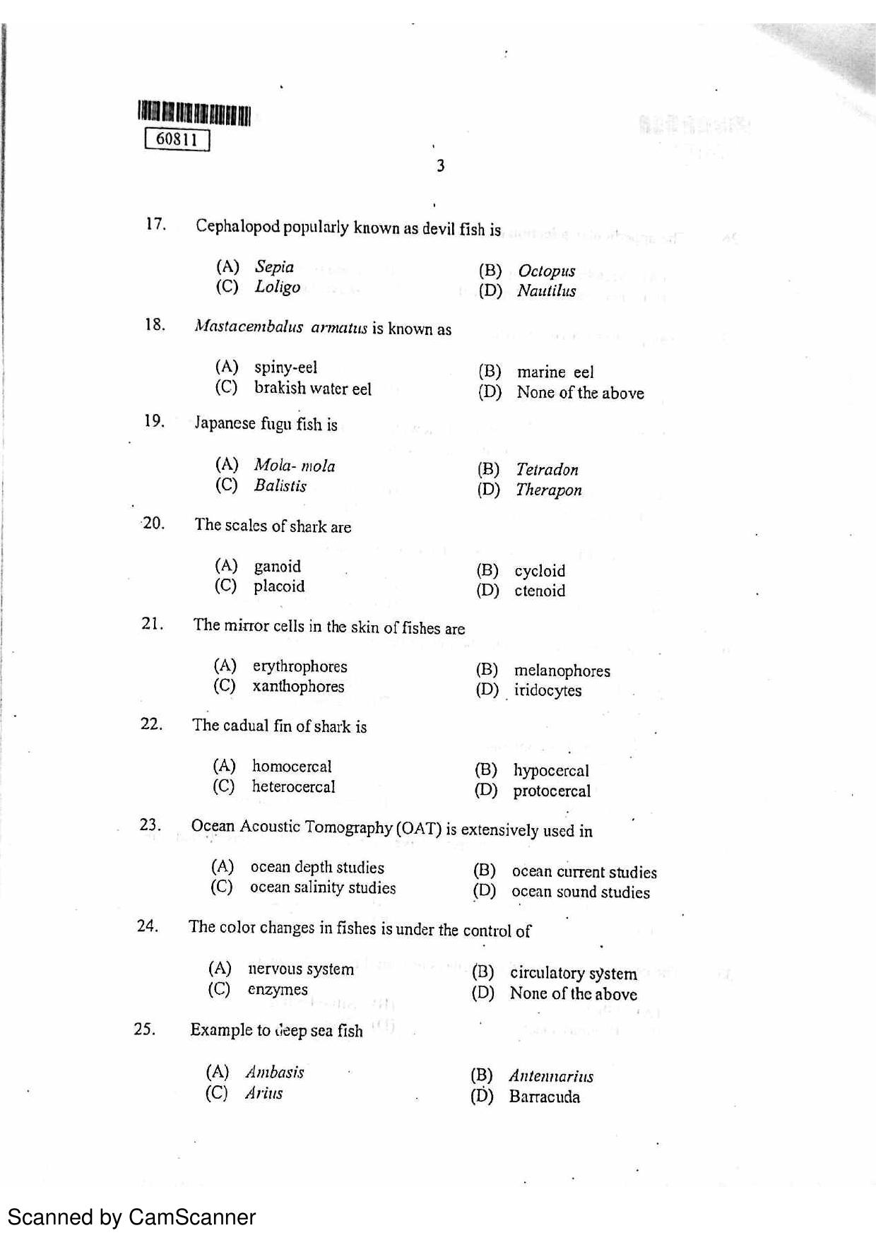 CUSAT CAT 2011 Fisheries Question Paper - Page 4