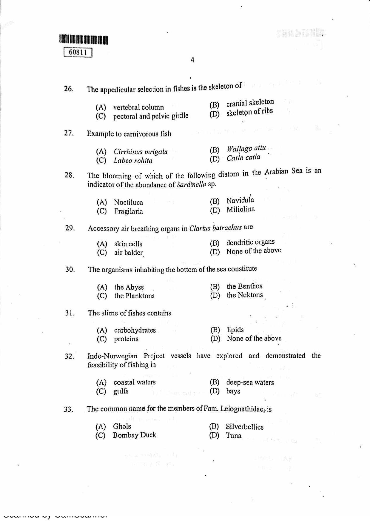 CUSAT CAT 2011 Fisheries Question Paper - Page 5
