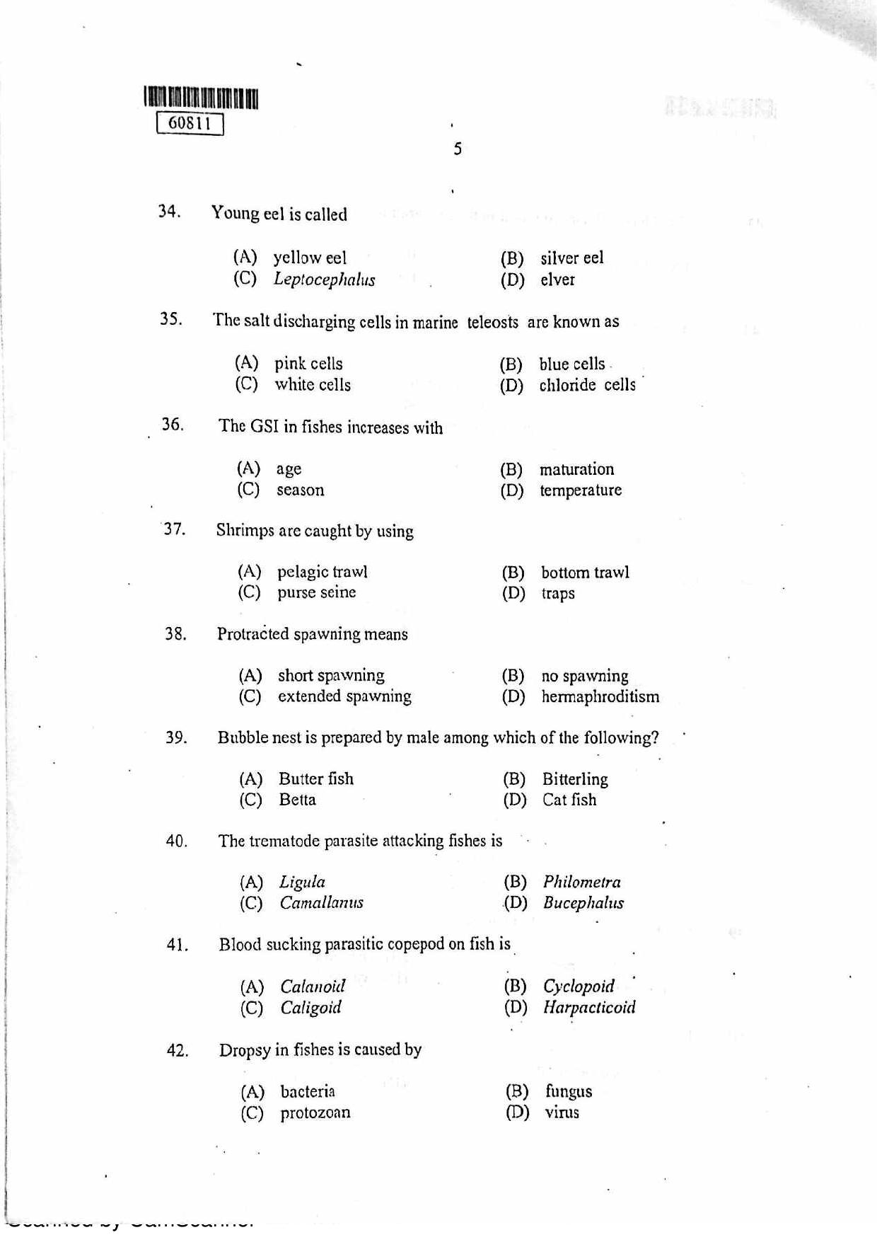 CUSAT CAT 2011 Fisheries Question Paper - Page 6