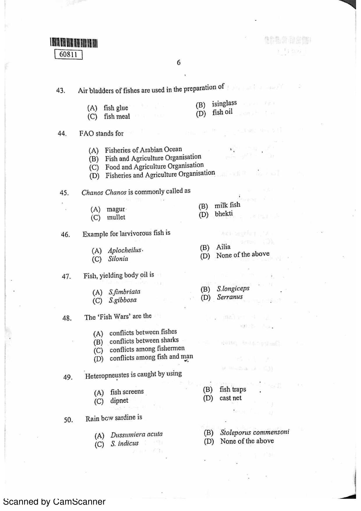 CUSAT CAT 2011 Fisheries Question Paper - Page 7