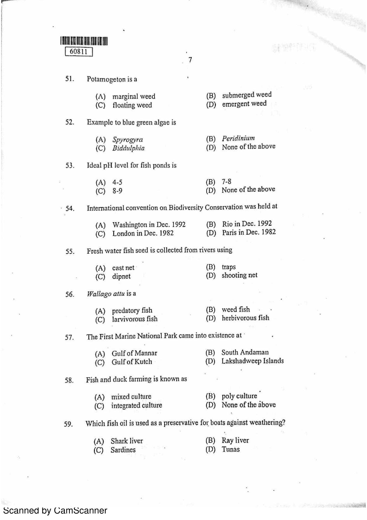 CUSAT CAT 2011 Fisheries Question Paper - Page 8