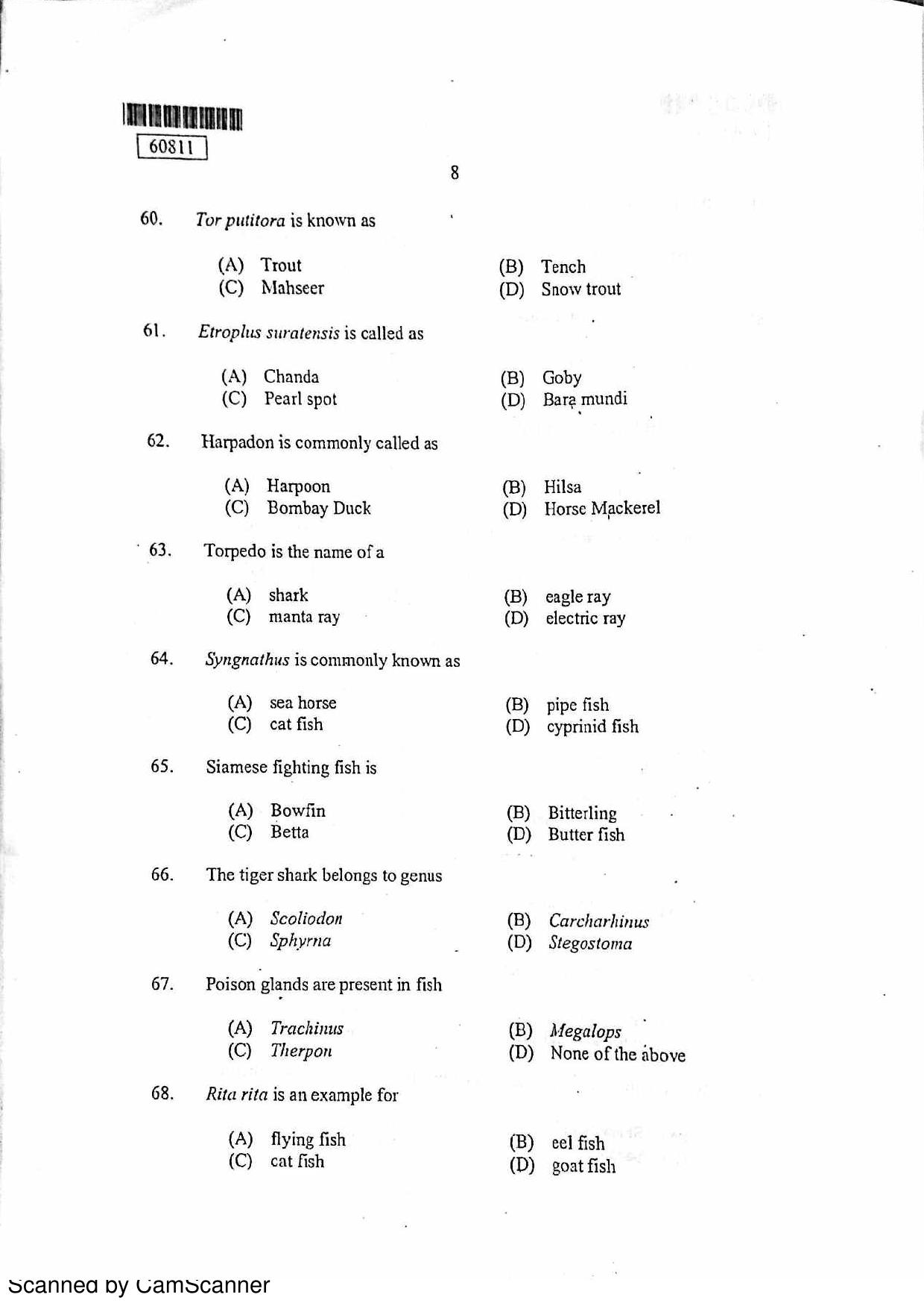 CUSAT CAT 2011 Fisheries Question Paper - Page 9