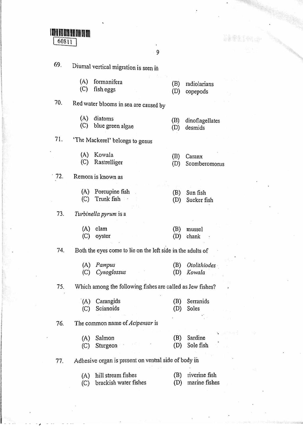 CUSAT CAT 2011 Fisheries Question Paper - Page 10