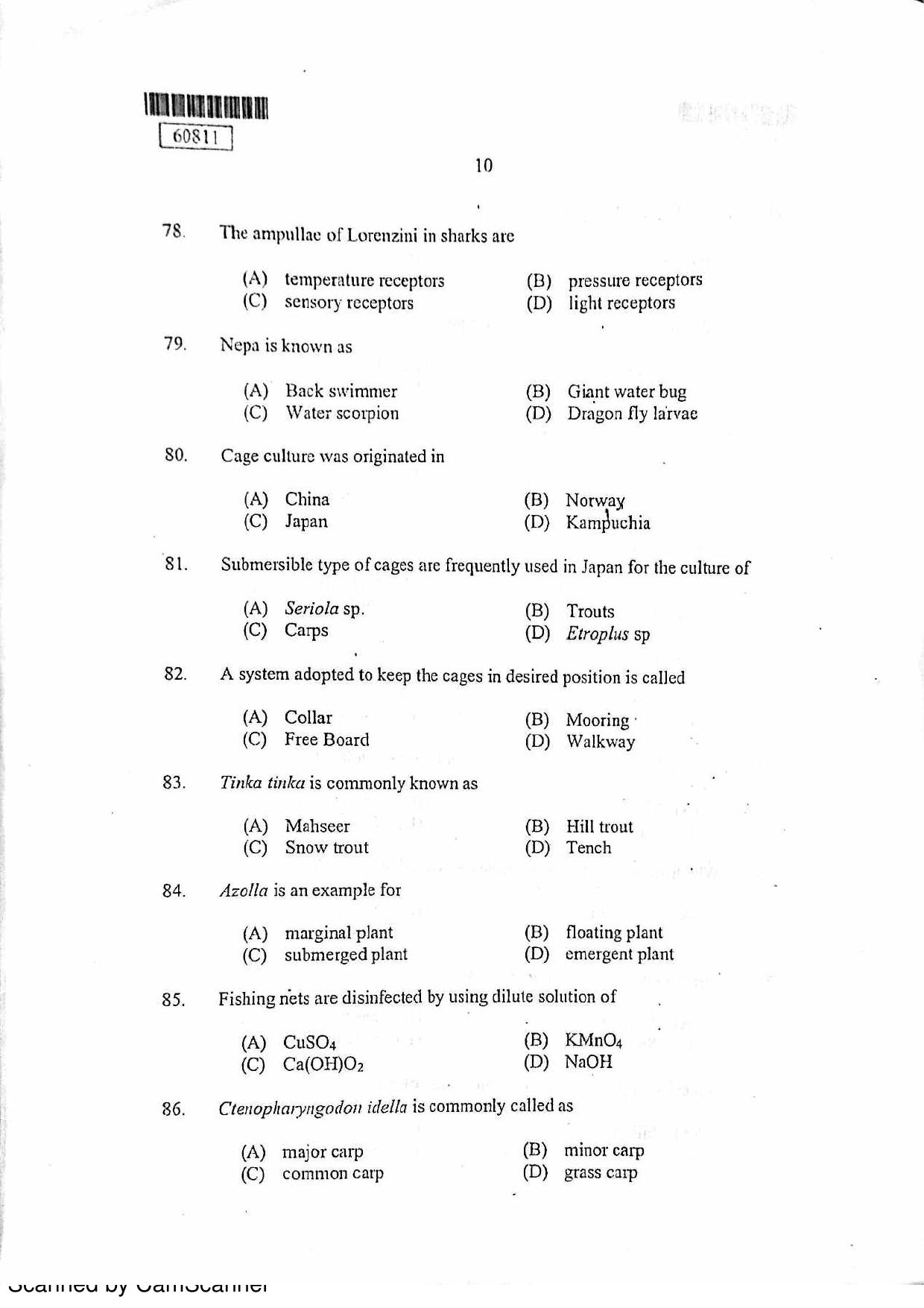 CUSAT CAT 2011 Fisheries Question Paper - Page 11