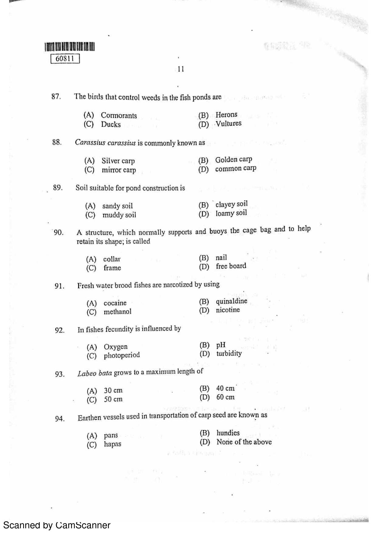 CUSAT CAT 2011 Fisheries Question Paper - Page 12