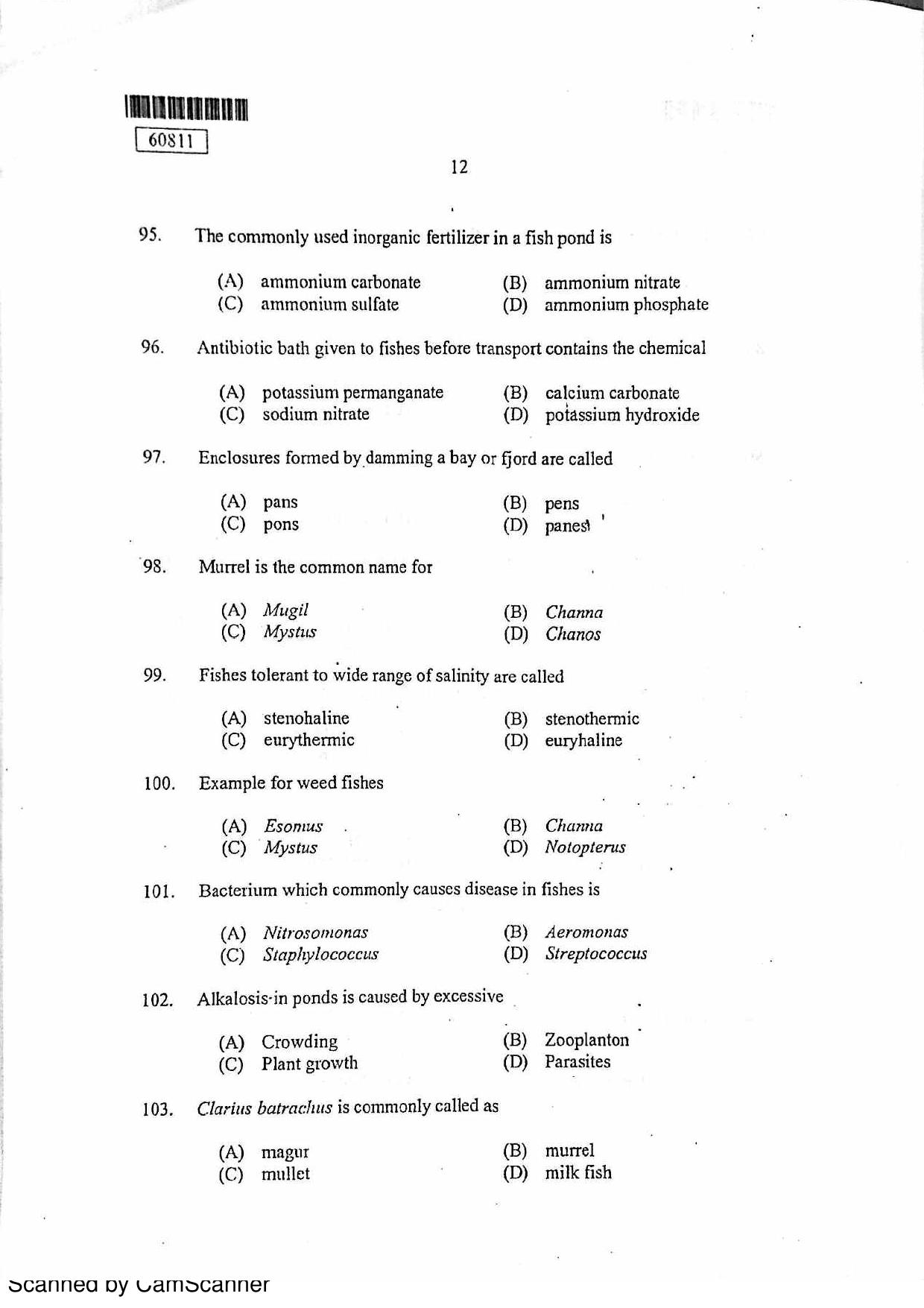CUSAT CAT 2011 Fisheries Question Paper - Page 13