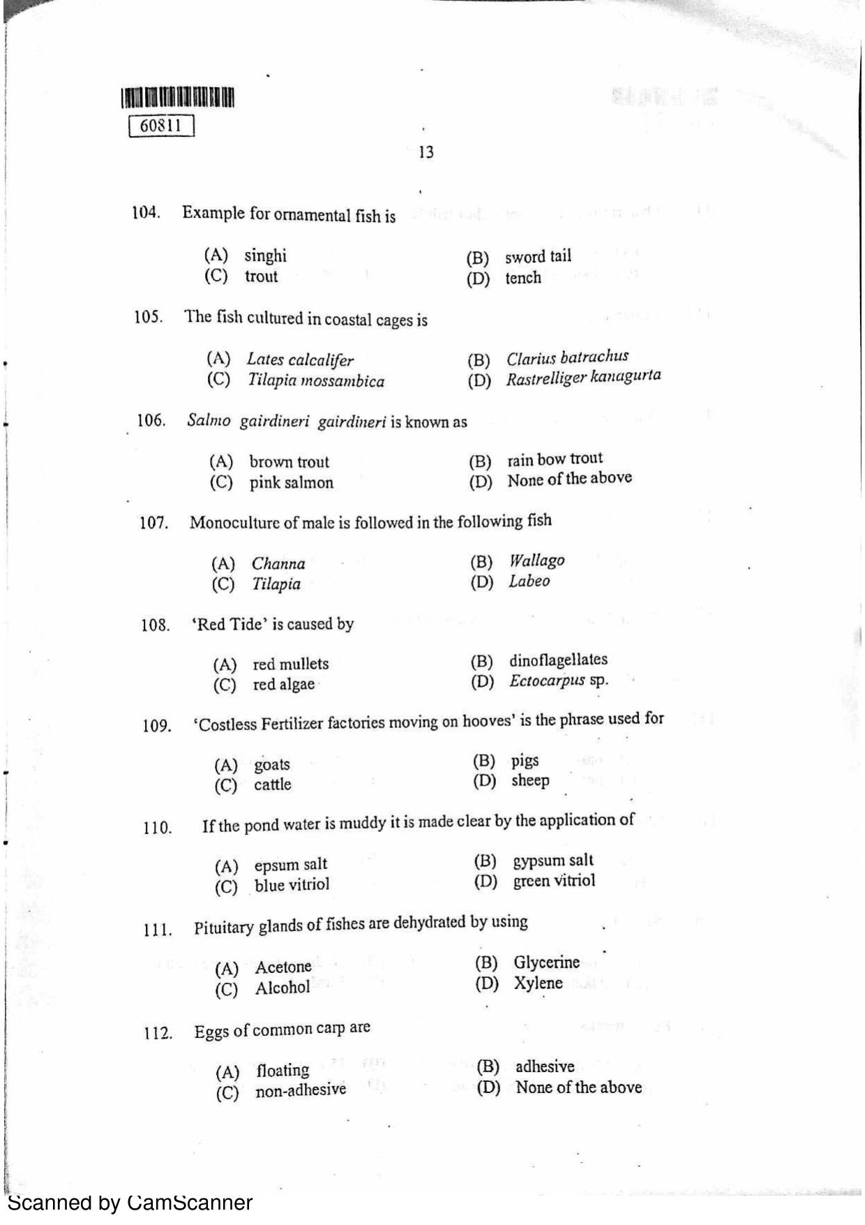CUSAT CAT 2011 Fisheries Question Paper - Page 14
