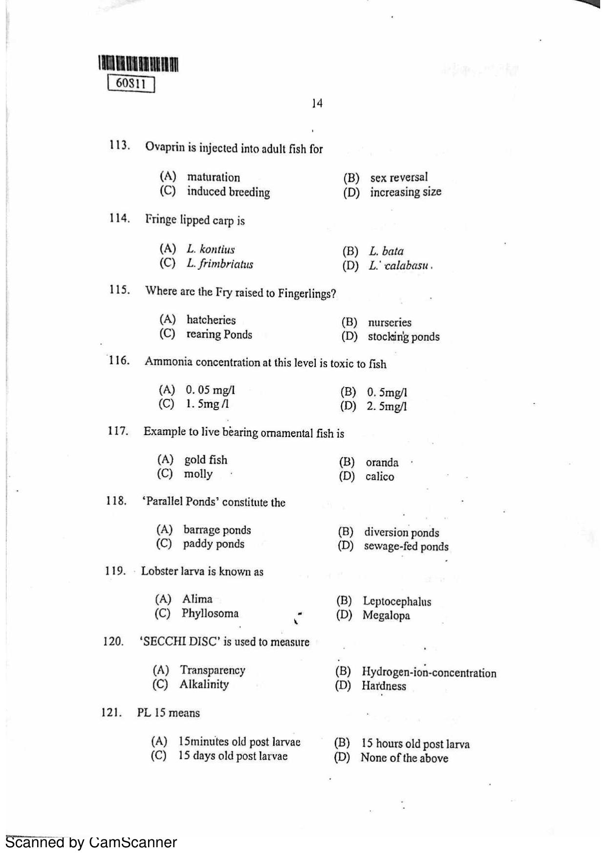 CUSAT CAT 2011 Fisheries Question Paper - Page 15