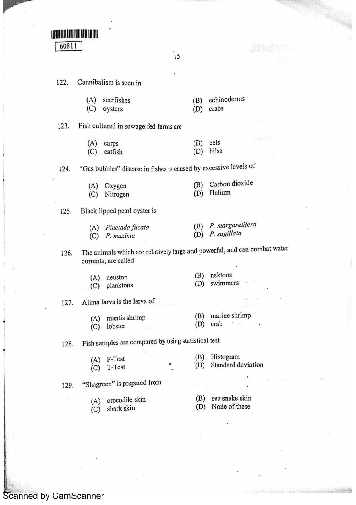 CUSAT CAT 2011 Fisheries Question Paper - Page 16