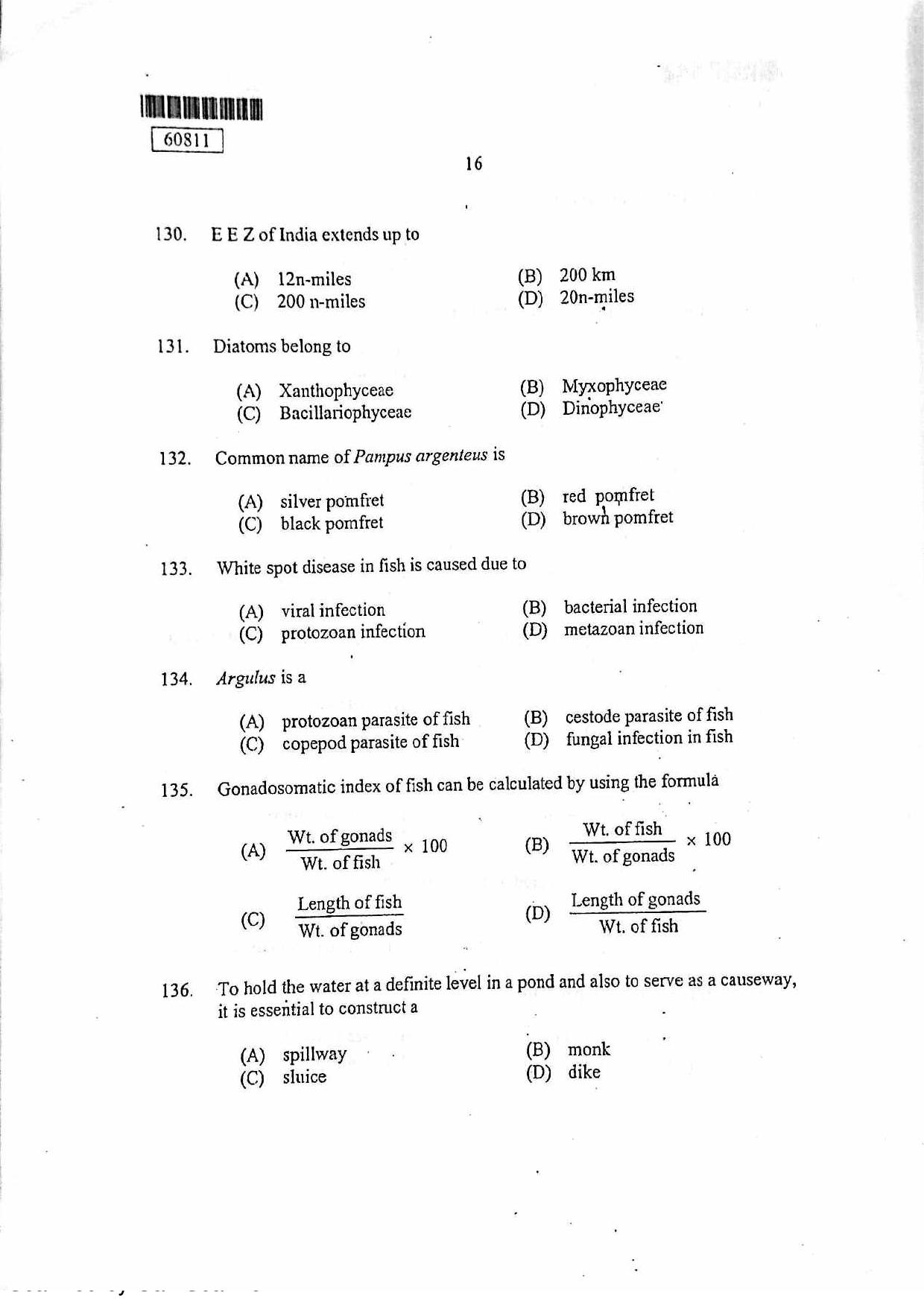 CUSAT CAT 2011 Fisheries Question Paper - Page 17