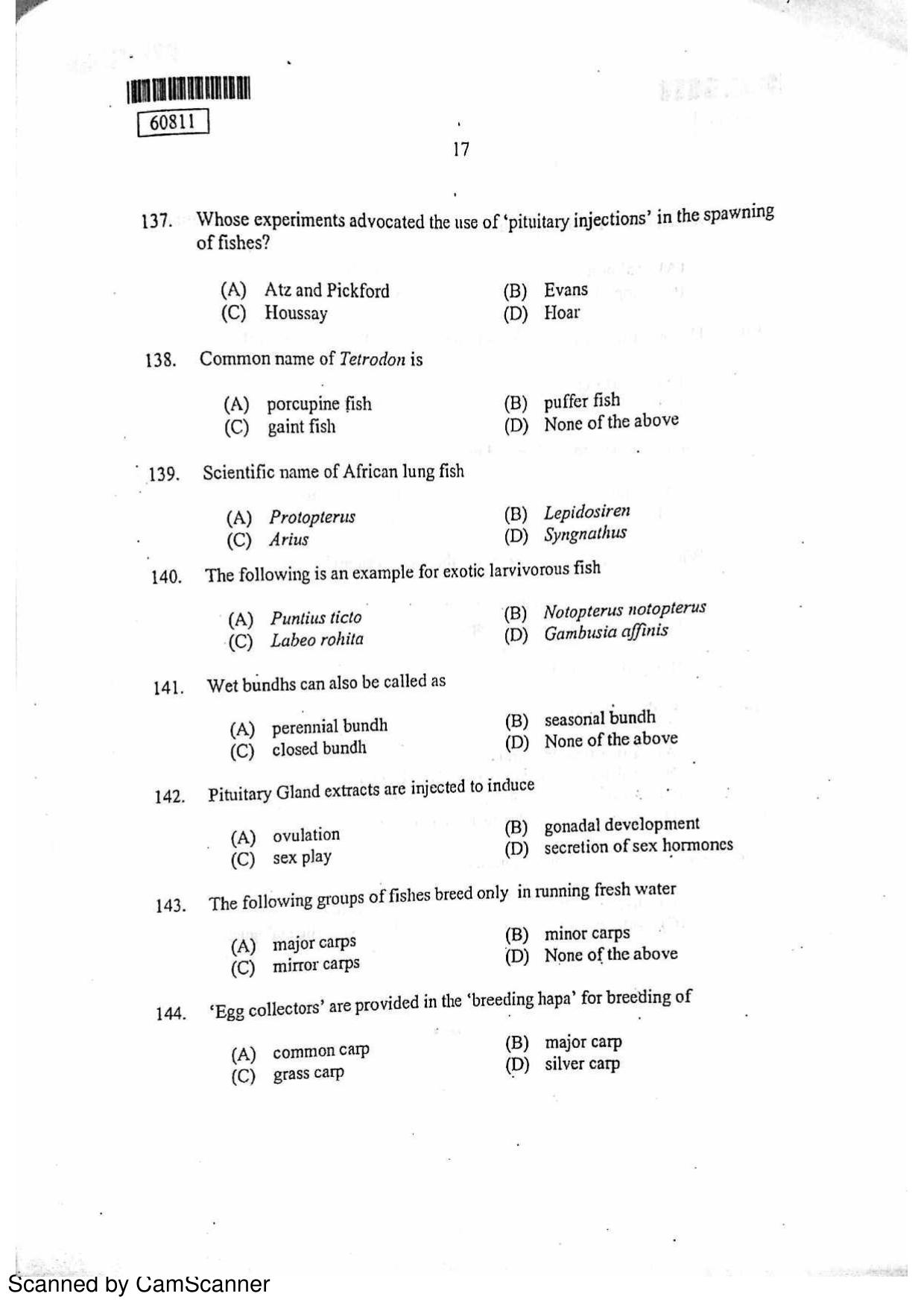 CUSAT CAT 2011 Fisheries Question Paper - Page 18