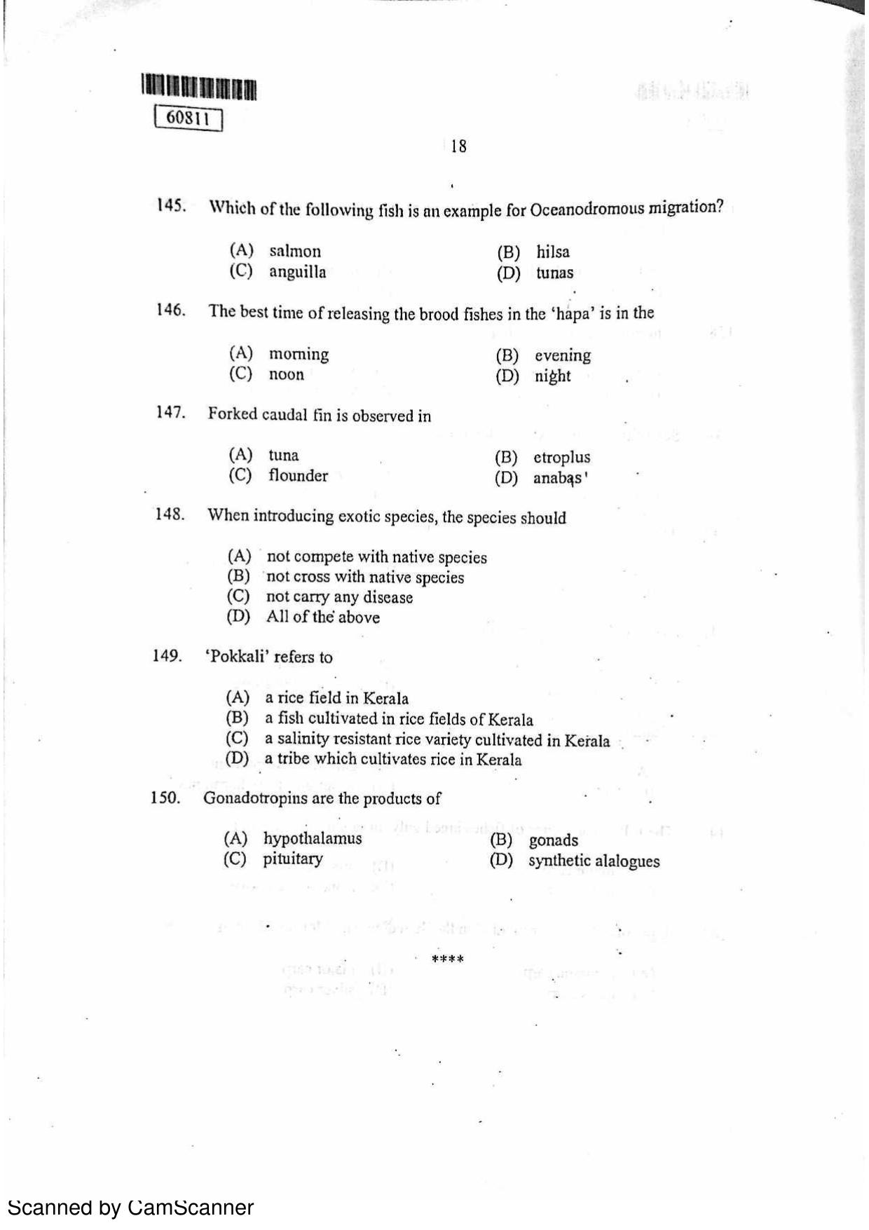 CUSAT CAT 2011 Fisheries Question Paper - Page 19