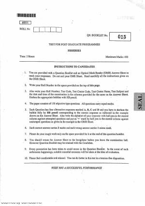 CUSAT CAT 2011 Fisheries Question Paper