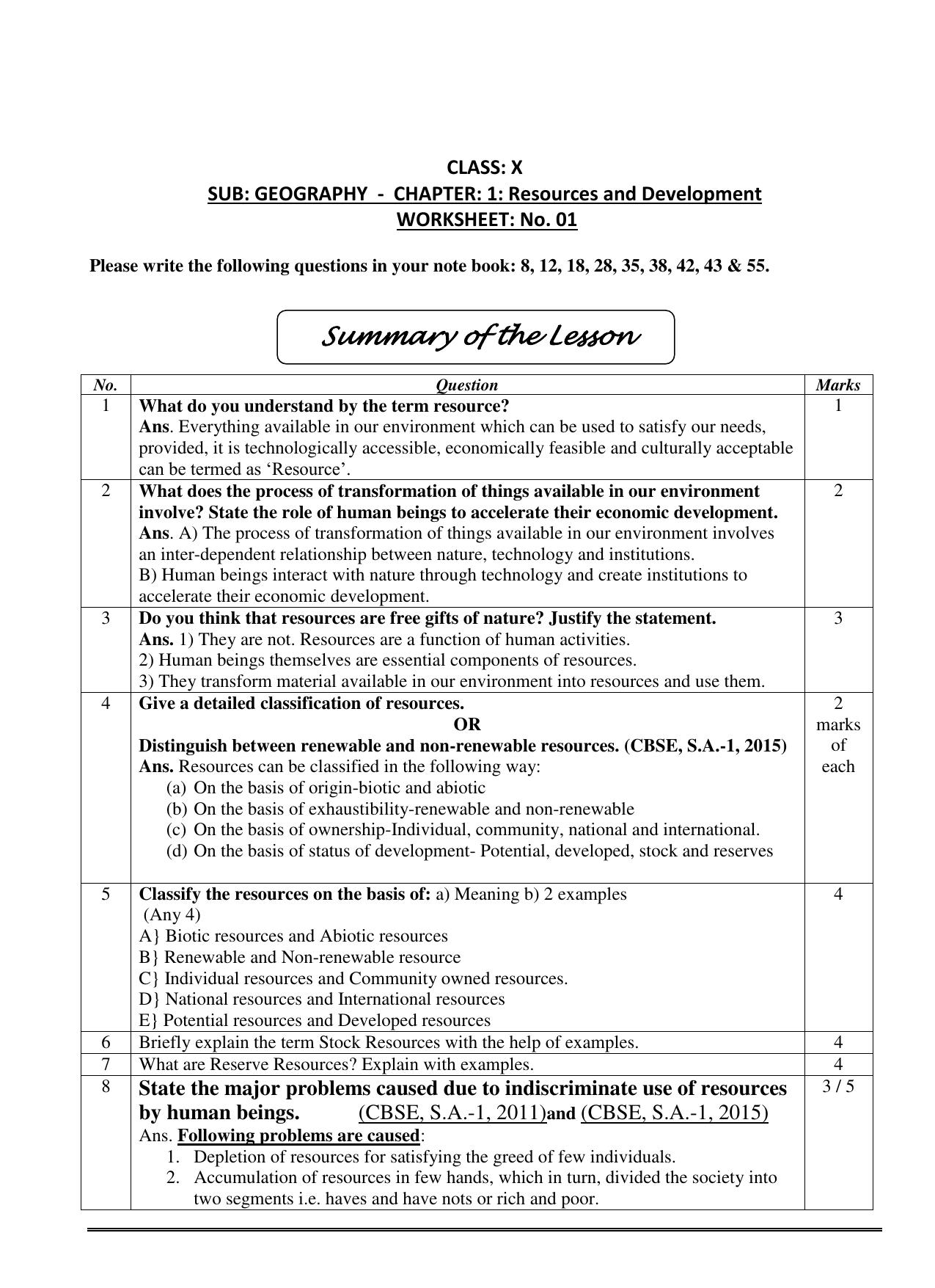 CBSE Worksheets for Class 10 Social Science Resources and Development Assignment - Page 1