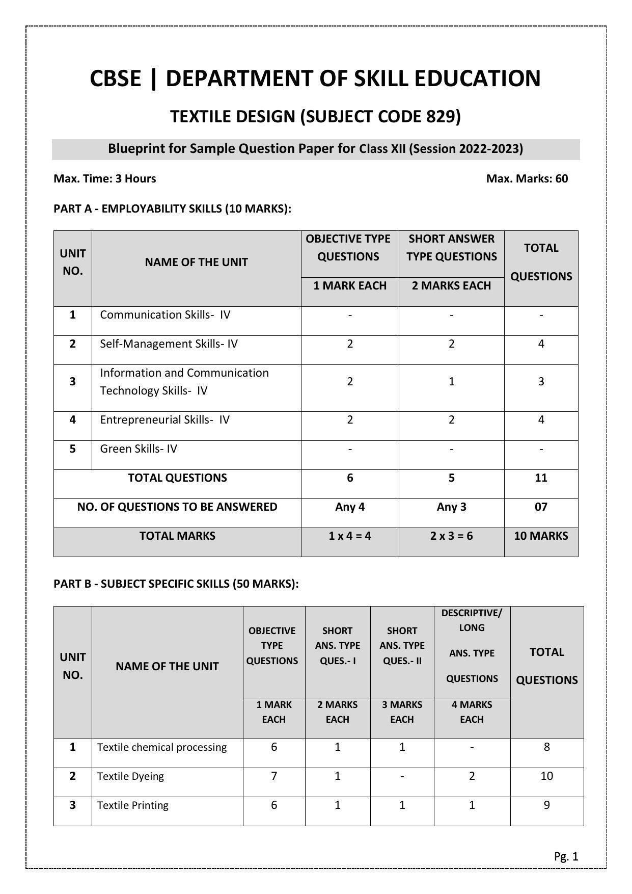 CBSE Class 12 Textile Design (Skill Education) Sample Papers 2023 - Page 1